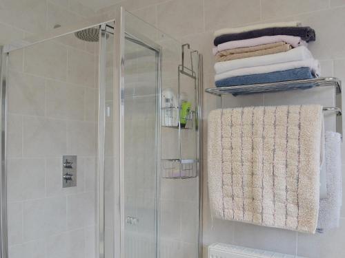 a bathroom with a shower and towels on a rack at The Briar Rose in New Herrington