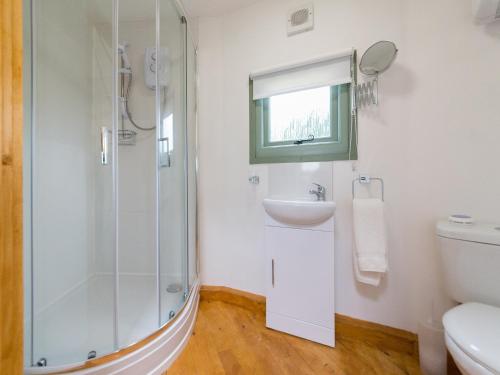 a bathroom with a shower and a sink and a toilet at Olive in Wootton Bridge