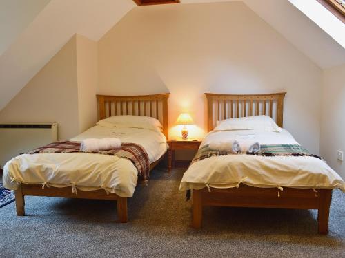 two twin beds in a room with a attic at Erw Goed Hen Feudy in Arthog