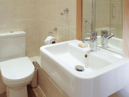 La salle de bains est pourvue d'un lavabo blanc et de toilettes. dans l'établissement The Old Forge, à West Lutton