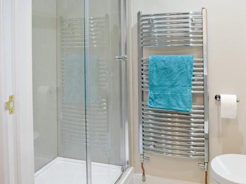 bagno con doccia e asciugamano blu di Glebe Cottage a Mautby