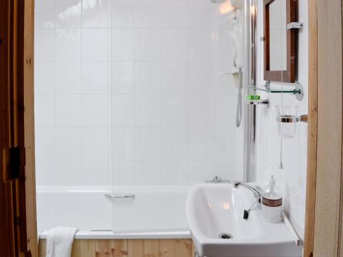 ein weißes Bad mit einem Waschbecken und einer Dusche in der Unterkunft Bryn Gwnog in Capel Garmon