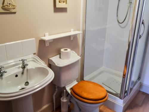 een badkamer met een toilet, een douche en een wastafel bij High Tide in Cellardyke