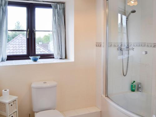 a bathroom with a shower and a toilet and a window at The Old Haybarn in Long Sutton