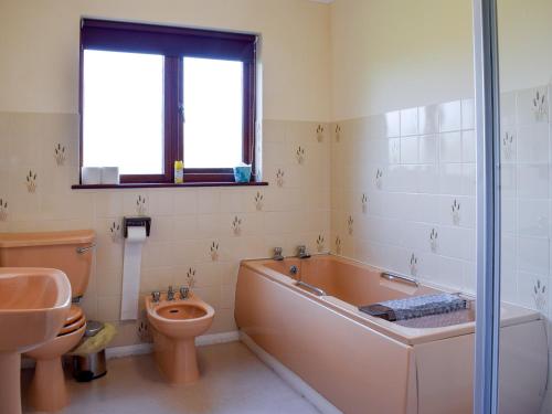 uma casa de banho com uma banheira, um WC e um lavatório. em Erwlon em Rhyd Owen