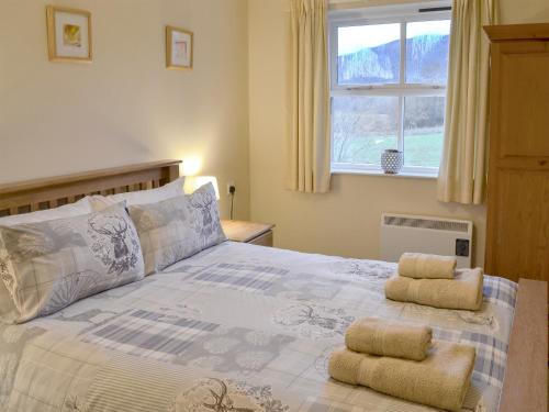 1 dormitorio con 1 cama grande y 2 toallas. en Birch Tree Cottage en Aviemore