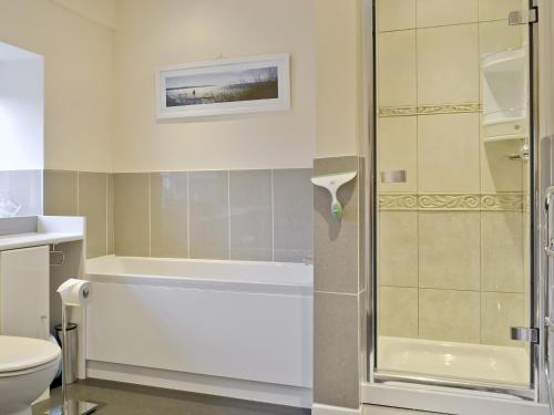 a bathroom with a shower and a toilet at Trentham Cottage in Snettisham