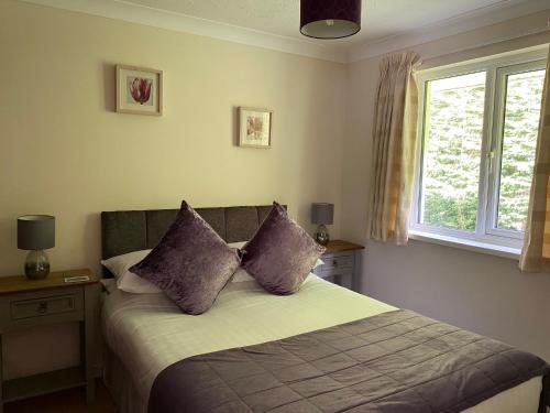 um quarto com uma cama com almofadas roxas e uma janela em Pencarrow - B6521 em Saint Cleer