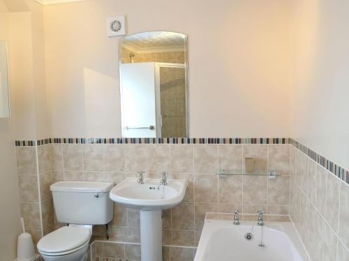 a bathroom with a toilet and a sink and a mirror at Mill View in Beeston Saint Lawrence