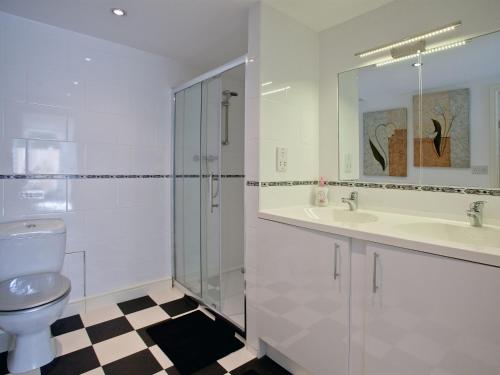 a bathroom with a toilet and a sink and a shower at Devon Villa Garden Apartment in Torquay