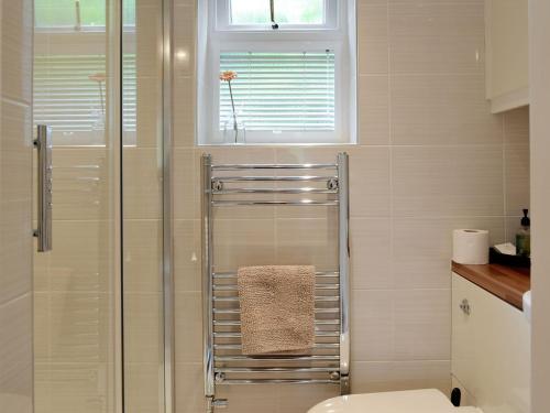 a bathroom with a shower and a toilet and a window at Eldin Hall Cottage 1 - Uk2483 in Cayton