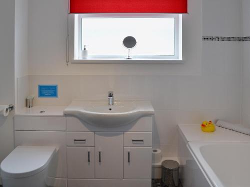 a bathroom with a sink and a toilet and a window at Sunny Skies in St Austell