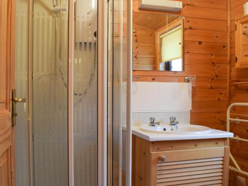 La salle de bains est pourvue d'un lavabo et d'une douche. dans l'établissement Whiteside Lodge At Burnside Park, à Keswick