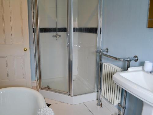 a shower in a bathroom with a toilet and a sink at Squirrel Cottage in Thornton Dale