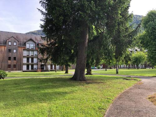 un albero sull'erba di fronte a un edificio di T3 Raph & Gab's 3 Etoiles Jardins de Ramel WIFI Lave Linge a Luchon