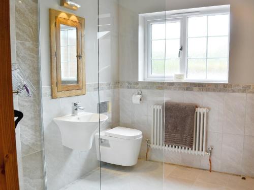 bagno con servizi igienici, lavandino e finestra di Pettaugh Lodge a Debenham