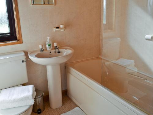 a bathroom with a sink and a shower and a toilet at Hartland Forest Golf Leisure in Woolfardisworthy