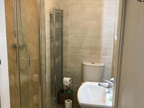 ブレイクニーにあるPoppiesのバスルーム(シャワー、洗面台、トイレ付)
