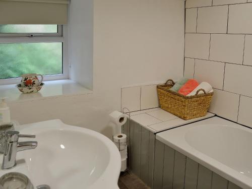 a bathroom with a sink and a toilet and a window at Capel Fawnog Mawr in Talsarnau