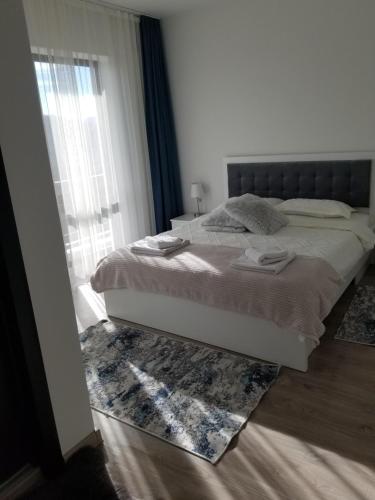 a bedroom with a bed with a rug and a window at Pensiunea Agroturistica Acvila Apusenilor in Vadu Moţilor