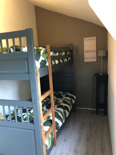 a bunk bed room with two bunk beds at Linderhuisje, rust, ruimte, privacy en natuur in Linde