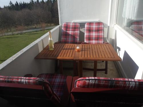 d'une table et de chaises sur un balcon avec une fenêtre. dans l'établissement Hahnenklee Waldblick Cari, à Hahnenklee