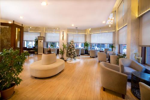 a lobby with a waiting area with chairs and a table at Barin Hotel in Istanbul