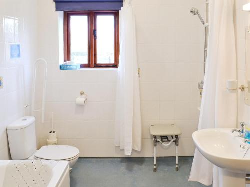 a white bathroom with a toilet and a sink at Hog Pits in Tytherton Lucas