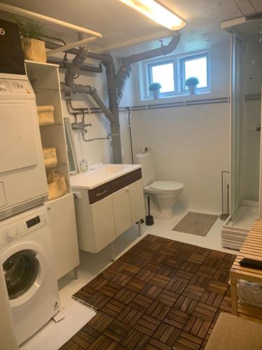 ein Badezimmer mit einer Waschmaschine und einem WC in der Unterkunft Örgryte centralt in Göteborg