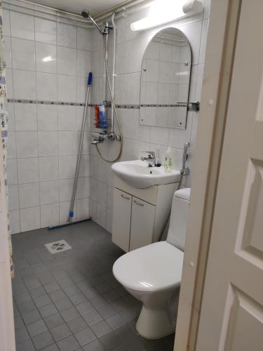 a bathroom with a toilet and a sink and a mirror at Marent Apartments in Salo