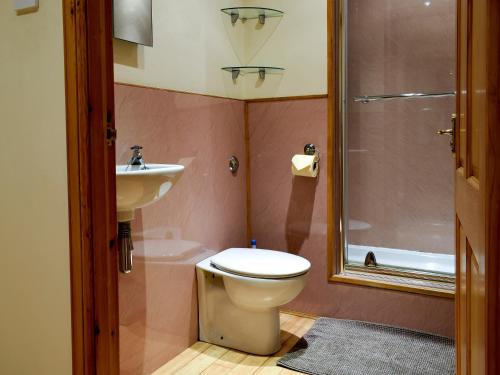 a bathroom with a toilet and a sink and a shower at Inn Cottage in Glendevon