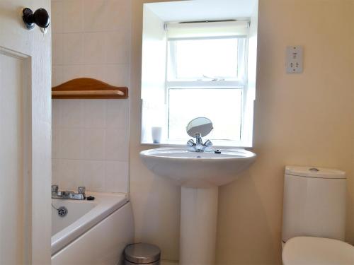 a bathroom with a sink and a window and a toilet at East Bridge End Farm in Frosterley