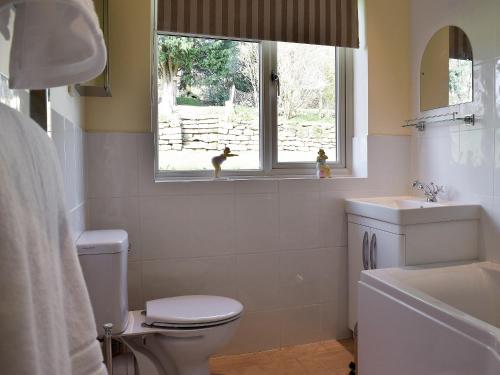baño con aseo y lavabo y ventana en Roundhill, en Eydon