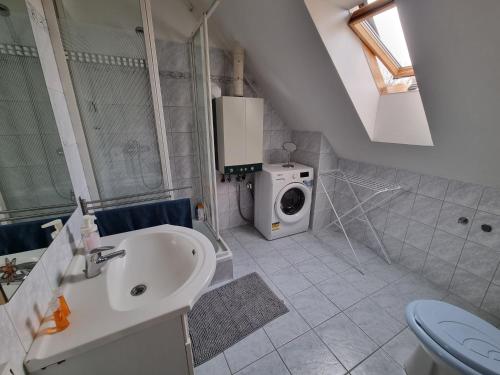 a bathroom with a sink and a washing machine at Bohém Apartman in Nyergesújfalu