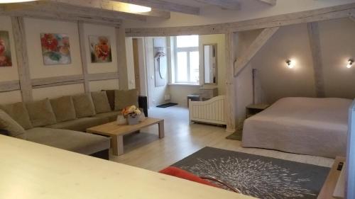 ein Wohnzimmer mit einem Bett und einem Sofa in der Unterkunft Studio Apartment in Pärnu