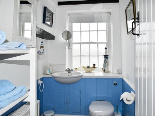 La salle de bains bleue est pourvue d'un lavabo et de toilettes. dans l'établissement White Cottage, à Whitby