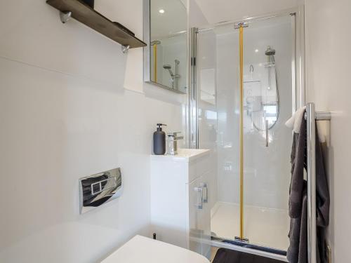 a white bathroom with a shower and a toilet at Skye Eco Pod in Port na Long