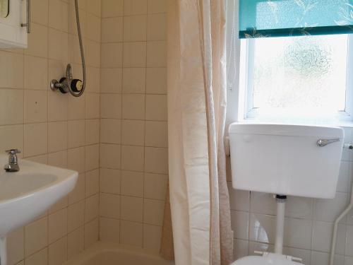 a bathroom with a toilet and a sink and a window at Pine Cottage in Cote