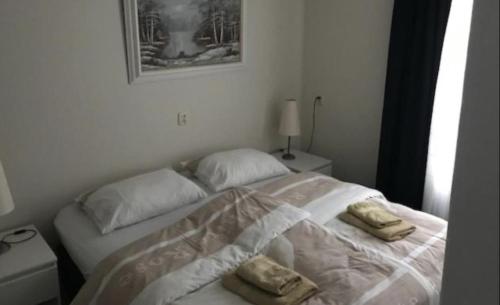 a bedroom with a bed with two pillows on it at Onder de molen in Hollum