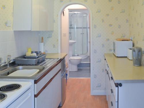 Appletree Apartment في Stokeinteignhead: مطبخ مع حوض ومرحاض في الحمام