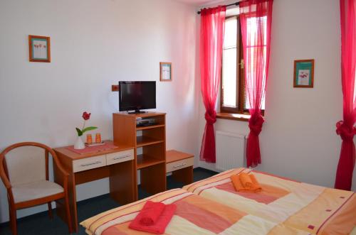 a bedroom with two beds and a desk and a television at Hotel u Kapra in Lázně Bělohrad