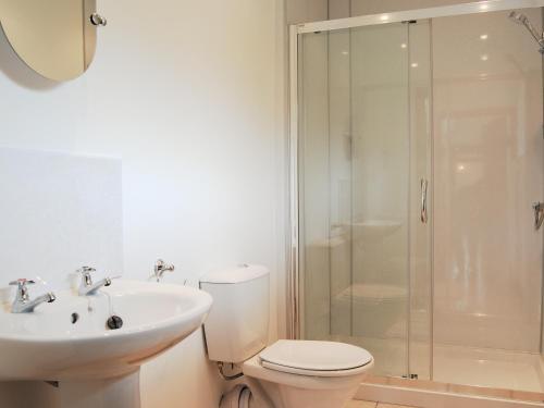 a bathroom with a toilet and a sink and a shower at The Barn in Talsarnau