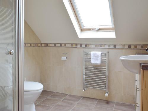 a bathroom with a toilet and a sink and a skylight at Pentre Cottage in Ferryside