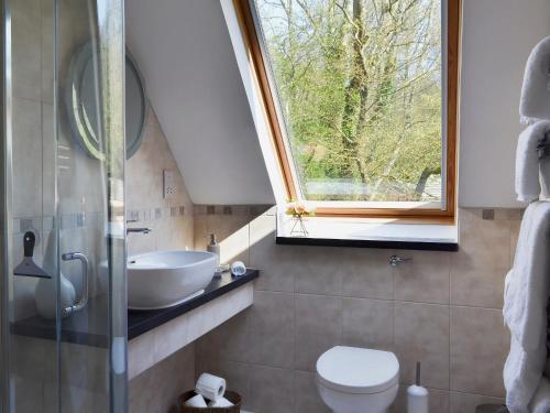 baño con lavabo y aseo y ventana en Horncombe Stables en West Hoathley