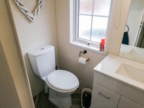 een badkamer met een toilet, een wastafel en een raam bij Salmon Leap Lodge in Dollar