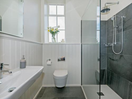 een badkamer met een wastafel, een toilet en een douche bij The Gatehouse Beckfoot Hall in Great Musgrave