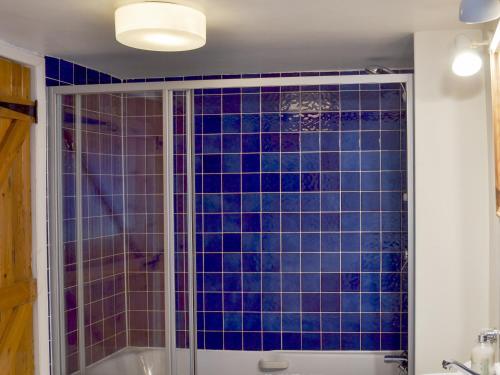 a bathroom with a shower with blue tiles at Mill Cottage in Buckfastleigh