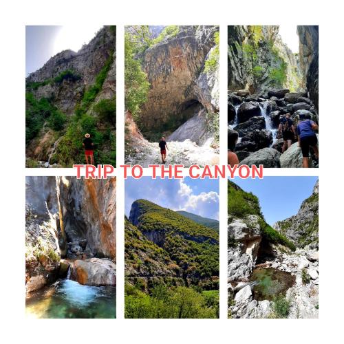 a collage of four photos of a canyon at SuperPanorama GuestHouse in Kukës
