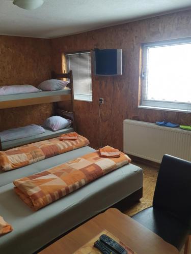 Habitación con 2 camas, escritorio y ventana. en Morehead Guesthouse Vlasic, en Vlašić