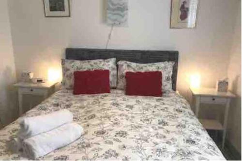 a bedroom with a bed with two pillows and two lamps at Priory Cottage in Totnes